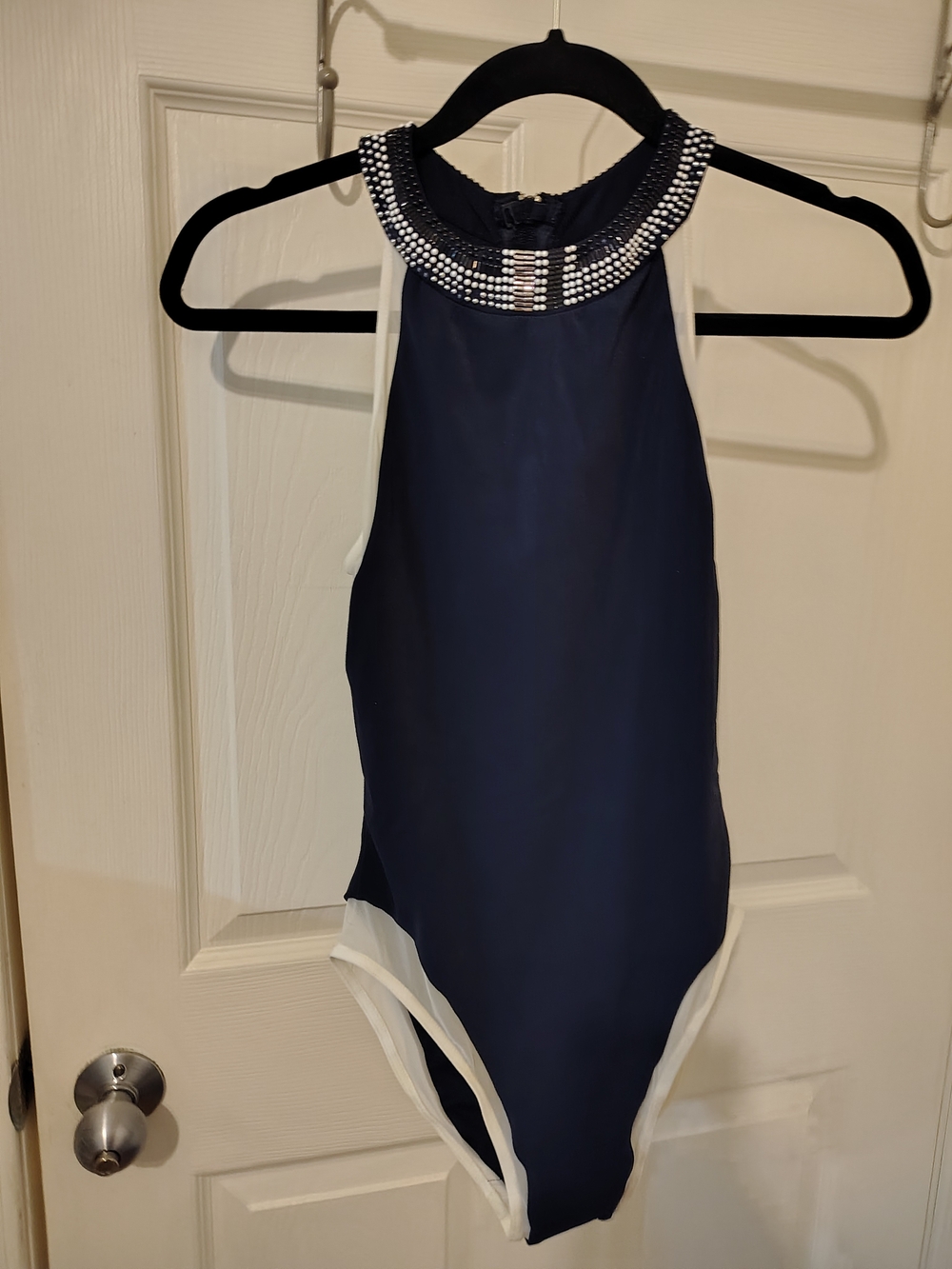 Carmen Marc Valvo Navy One-Piece with White Trim and Jeweled Neckline Size 4